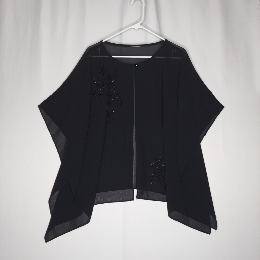 Vtg Beaded‎ Chiffon OSFM Poncho Cape Black Sheer One-Button Short Sleeve